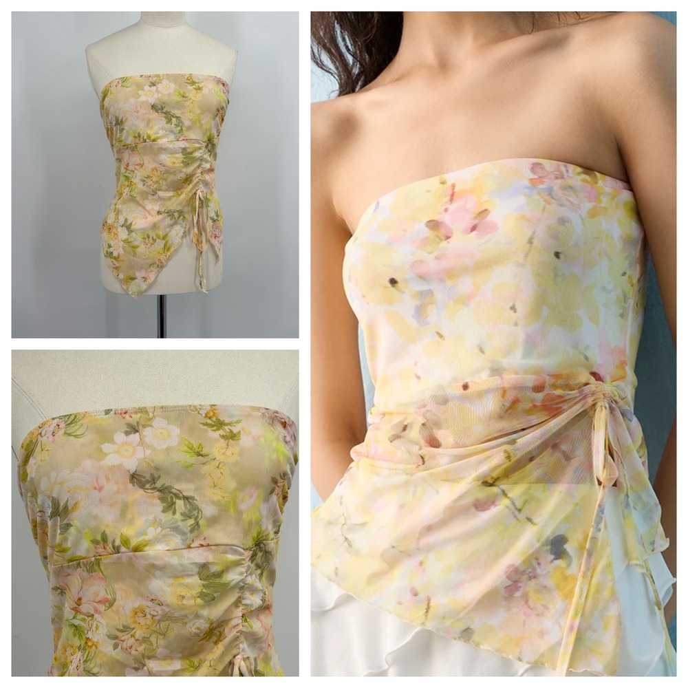 See You Monday Floral Mesh Tube Top Yellow Pink Ruched Side Tie Medium ST8399-MP
